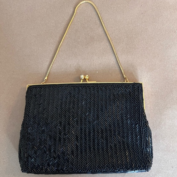 Vintage Walbaxg Beaded Gold Metal Handle Clutch Evening Purse Inside Compartment - Picture 1 of 9